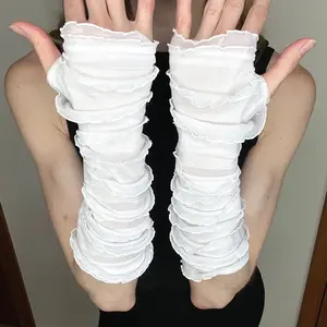 Ivory White Bandage Arm Covers Frankenstein Bride Halloween Costume Ruffle Fingerless Gloves Striped Arm Warmers Cosplay Psy