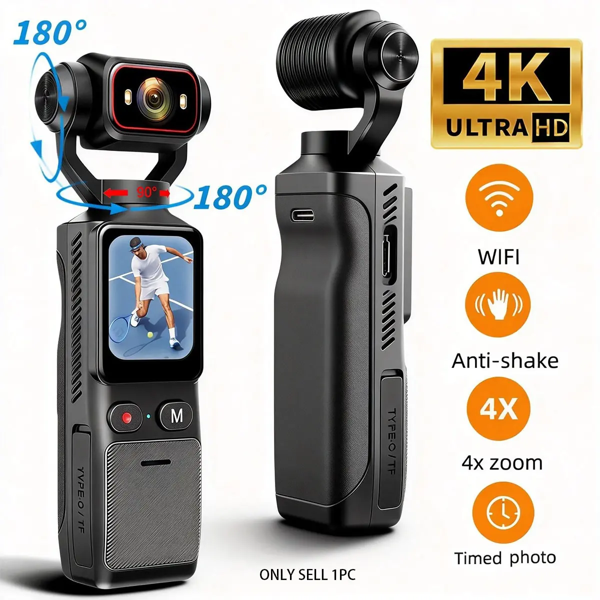 4K WiFi Vlogging Camera, Body Camera with 1.69" HD Touch Screen, Wide Angle, 180° Rotating Lens, EIS Camera with Built in Microphone for Audio & Video Recording, Portable Pocket Camera, Video Blog Camera, Gifts for Men