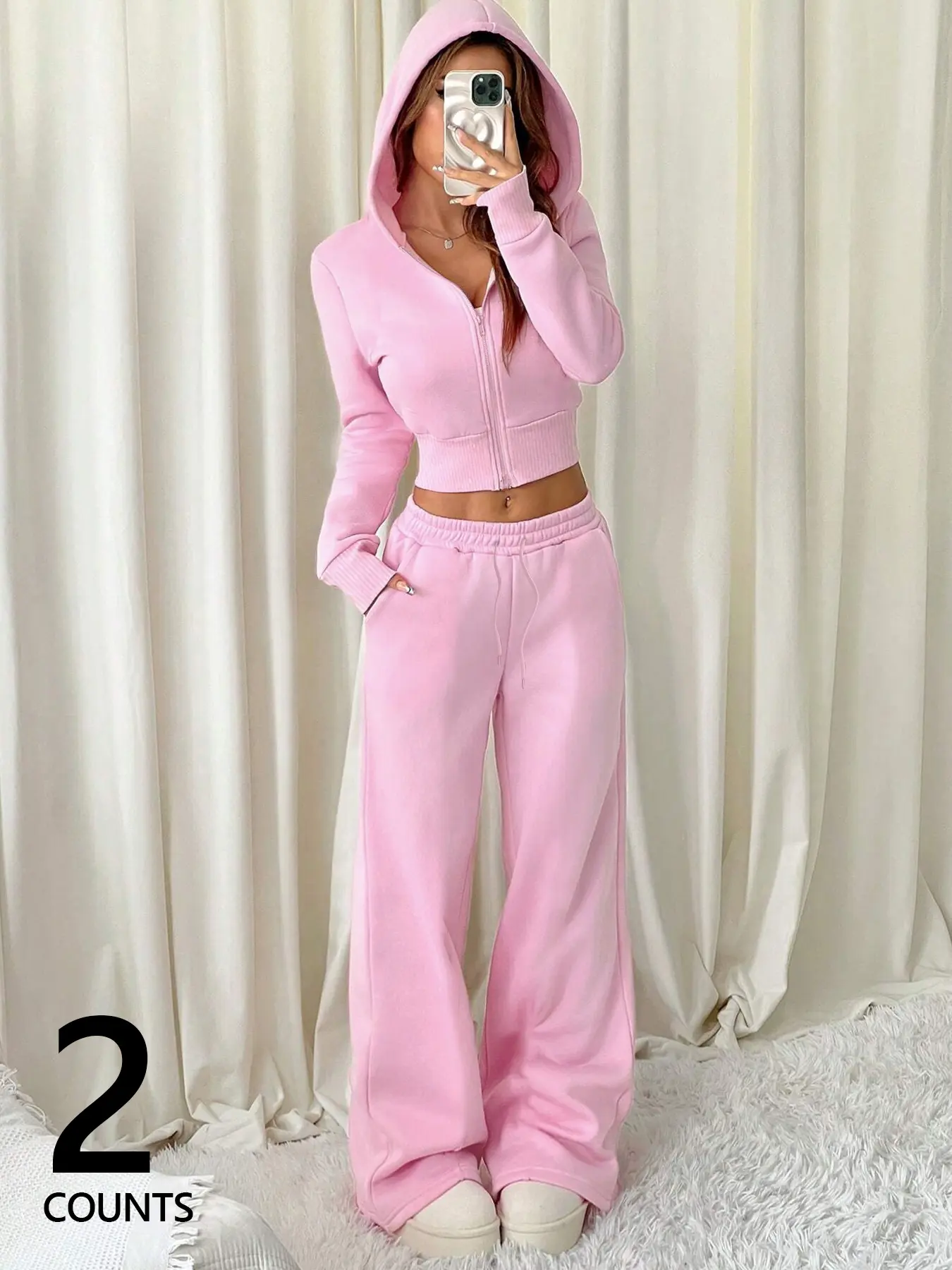 2-Piece Women's Basic Solid Pink Fitted Cozy Lounge Set with Cropped Zip-Up Hooded Coat and Long Pants, Soft Causal Suit, for Casual Comfort, Womenswear