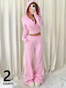 2-Piece Women's Solid Pink Fitted Lounge Set with Cropped Zip-Up Hooded Coat and Long Pants, Soft Causal Suit, for Casual Comfort, Womenswear