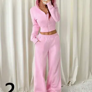 2-Piece Women's Pink Fitted Lounge Set with Cropped Zip-Up Hooded Coat and Long Pants, Soft Causal Suit, for Casual Comfort
