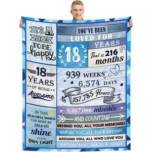 Soft Flannel Blanket 1pc Blue 18th Birthday Gift Nap Throw Sofa Bed Blanket 60"x50" Throw Size Perfect for Boys Girls Teens Travel Nap
