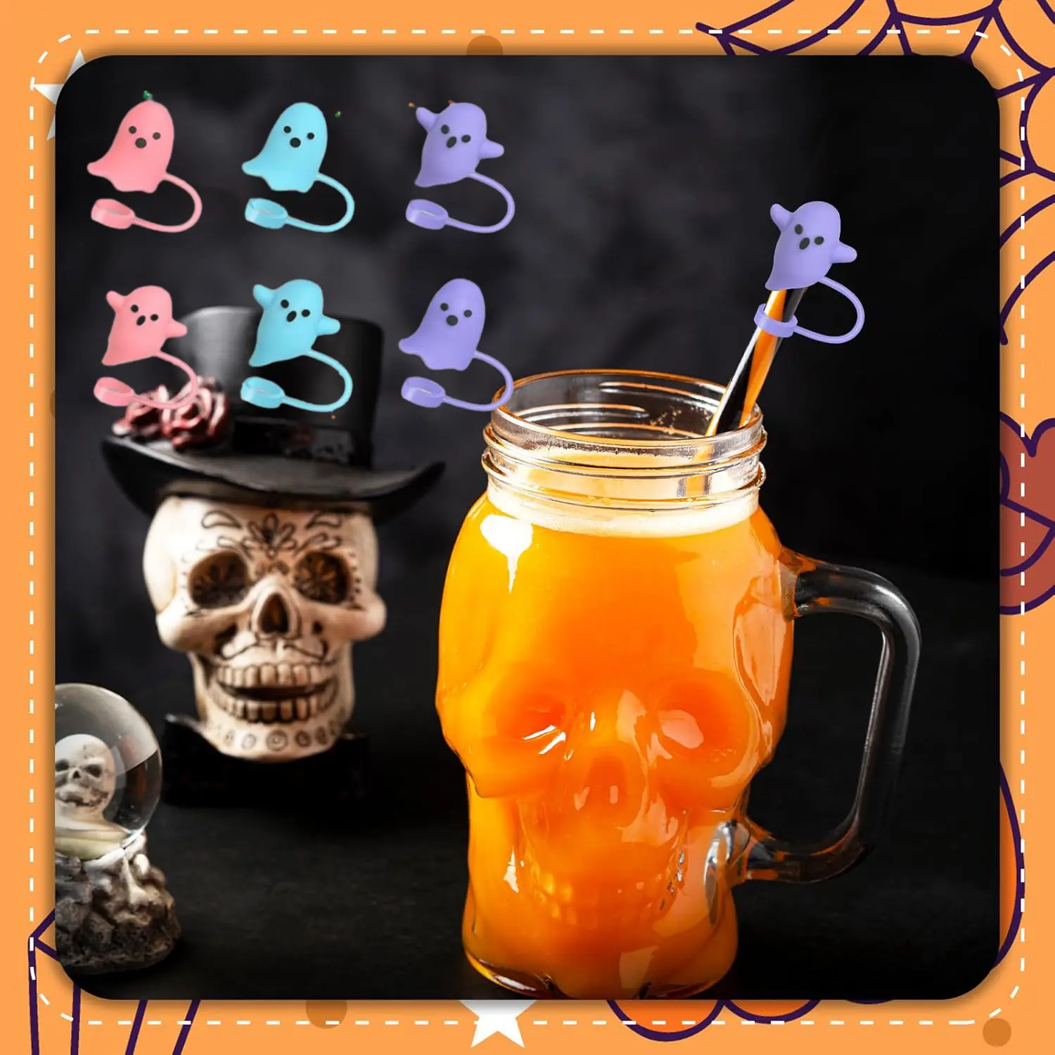 6pcs Halloween Straw Cover Cap for Cup Tumbler 10mm Reusable Silicone Drinkware Set with Bat Pumpkin Wizard Hat Designs Portable Protector Plugs for Party Gifts
