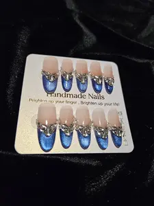 Handmade Press-On Nails - Nude Base with Metallic Blue Tips & Silver 3D Embellishments - Short Coffin Shape for Casual & Formal Wear