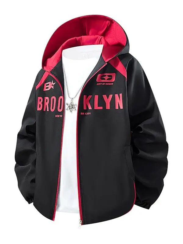 Men's Stylish Hooded Windbreaker - Brooklyn Printed, Full-Zip, Lightweight Windproof, Relaxed Fit Streetwear Outerwear for Fall/Spring Layering, Menswear Tops Outfits, Long-Sleeve Hip Hop Casual Coat for Urban Daily Use jacket