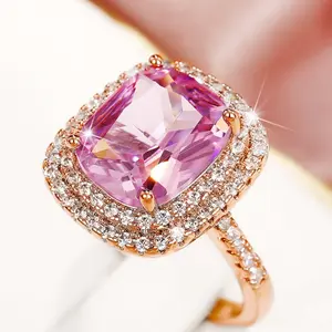 12*10mm Square Micro-Pavé Pink Diamond Engagement Ring - Luxury Bold Design, Elegant Women'S Index Finger Ring