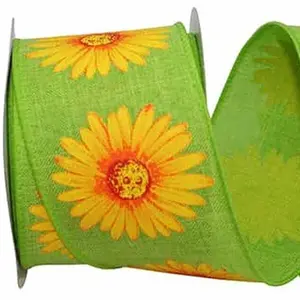 Gerbera Daisy Linen Ribbon --- 2.5" x 10 yards --- Lime / Yellow