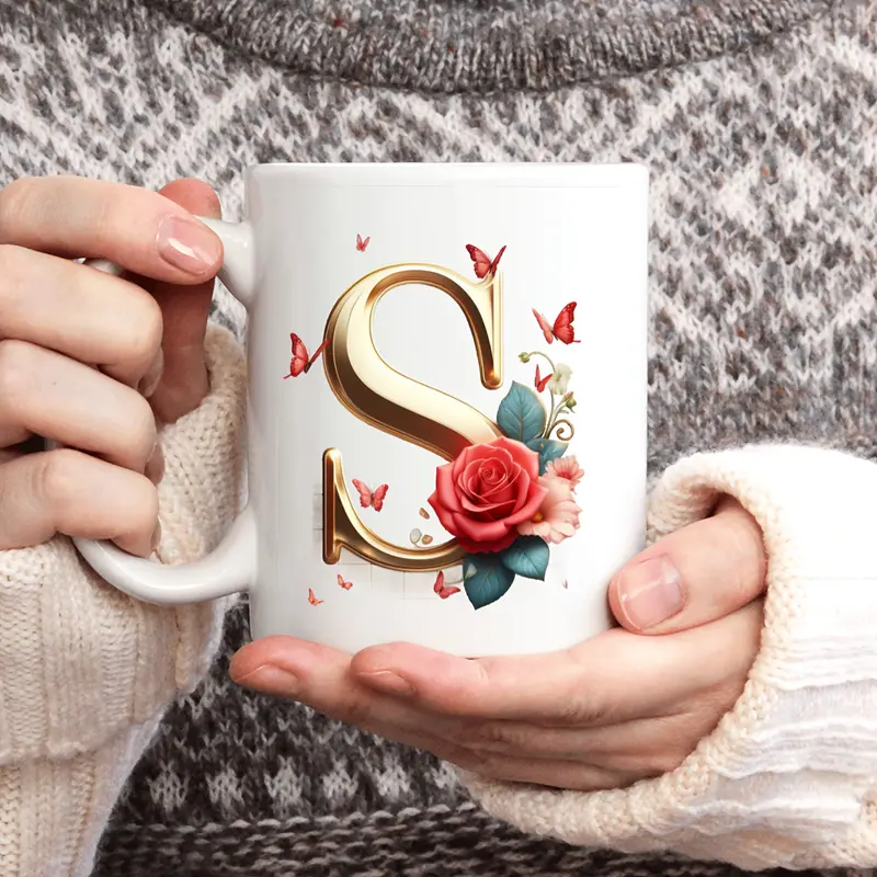 BPA-Free 11oz Ceramic Coffee Mug with Alphabet & Floral Design, 1pc - Microwaveable, Portable, Wide Mouth - Ideal for Various Festivals & Occasions