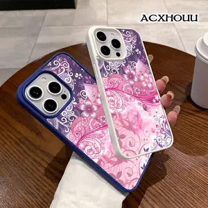 Luxe Purple Floral Swirls Pattern Magnetic Phone Case for iPhone 17 16 15 14 Pro Max 13 12 11 XR XS Plus Anti-Yellowing Shockproof Lightweight Transparent Acrylic Soft Cover Supports Wireless Charging