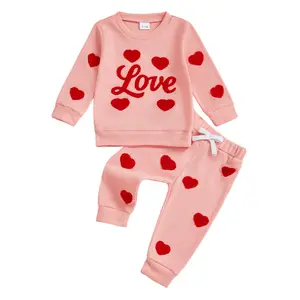 Archiveu Little Girls Valentine's Day Outfits Pants Sets Long Sleeve O Neck Heart Print Tops Drawstring Pants 2 Pcs Clothes
