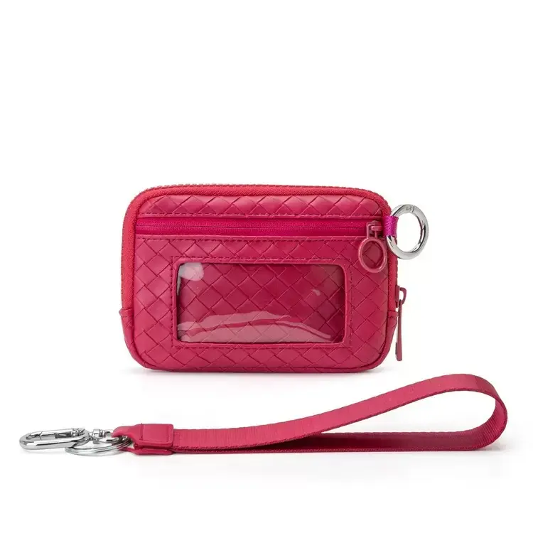 [CC SHOP]Woven Leather Card Wallet with Clear ID Window, Zipper Coin Purse with Detachable Wrist Strap, Braided Key Pouch Credit Card Holder for Women Daily Travel