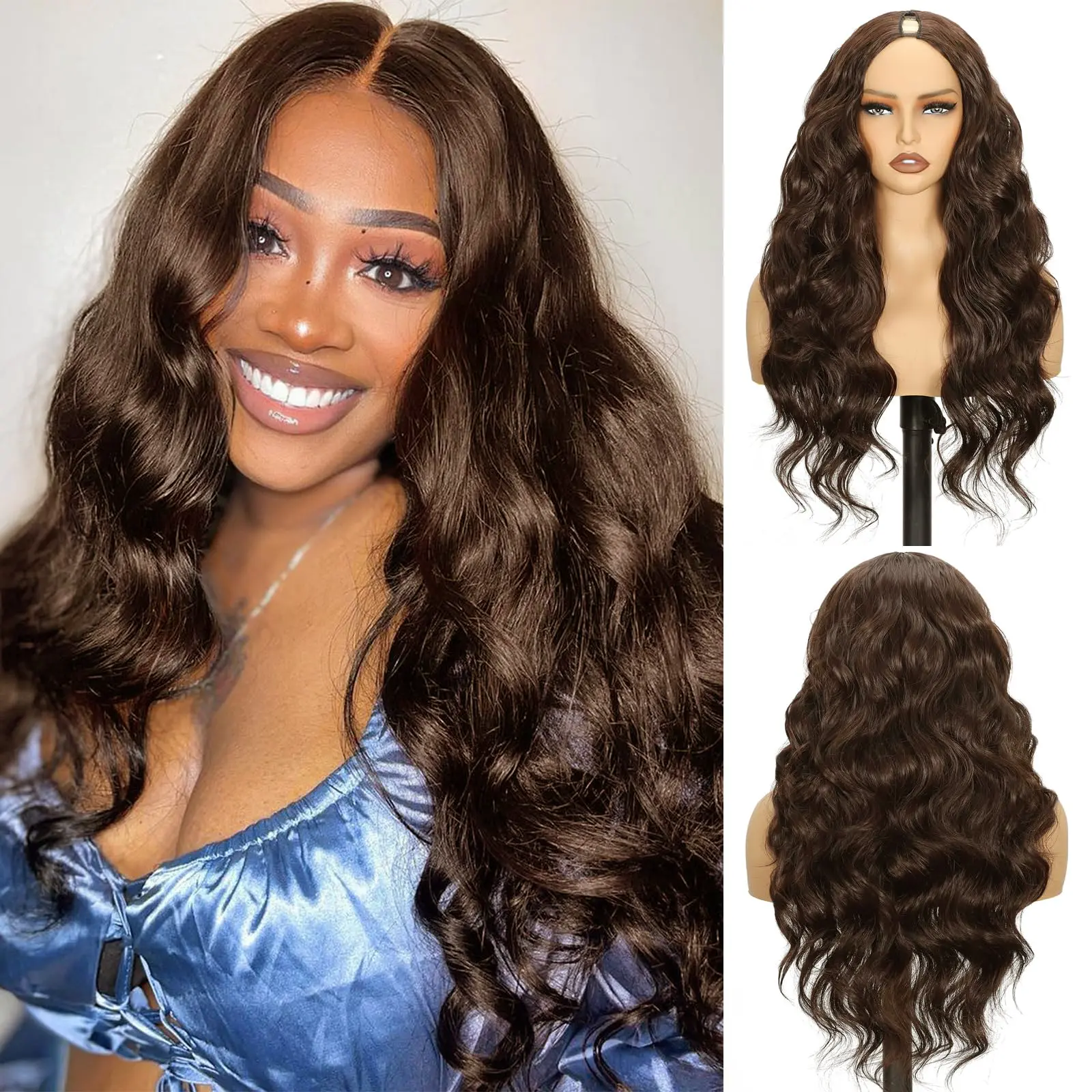 V Part Wig Body Wave 4# Brown Color Wear and Go Wigs for Women 24 Inch Synthetic Black Glueless Wig No Sew In Synthetic Bodywave Wig Convenient Wigs