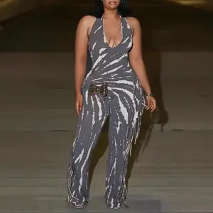 two-piece set woman 2025 Fashion Tassel Print Women's Jumpsuit Sexy Deep V-neck Neck Halter Lace Up Backless Bodycon Rompers Party Women Jumpsuits Summer
