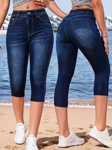 Women's Printed Skinny Seven-Quarter Pants, Elastic Fake Jeans Style, All Season Casual & Formal Wear, Durable