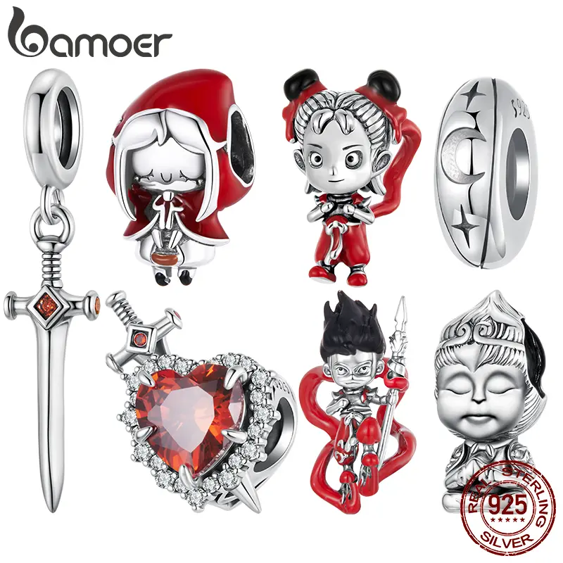 BAMOER Red Enamel Nezha Charm Heart Sword Pendant Chinese Funny Figures Beads Fit Original Bracelet DIY Cultural Jewelry Gift
