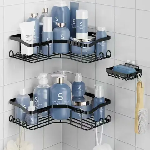 ZUZZEE 3-Count Rust-Resist Metal Bathroom Organizer - Punch-Free, Removable, Waterproof, Wall-Mounted, Adjustable Black Round Hollow Drain-Dry Corner Shelves, Eco-Friendly Storage, 1 Soap Holder, Modern Home Decor, Apartment Essentials Gift