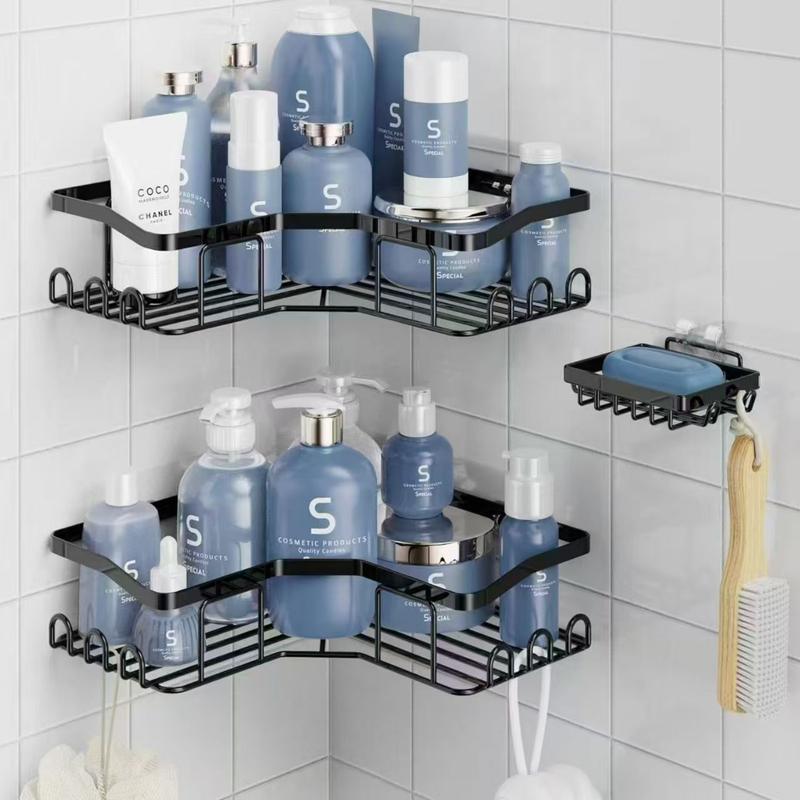 3 Count BLack Wall Mounted Shower Shelves, Bathroom Accessories Storage Corner Rack Set, Birthday Mother's Day Gift Idea #BlackFriday, Home Essentials Punch Free Organizer Hollow  Soap Spray Water Proof modern toilet