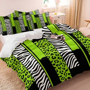 Eye-Catching Animal Print Patchwork Duvet Cover Set and 1-2 Coreless Pillowcases, Fluorescent Green Leopard & Black-White Zebra Vertical Strip Splicing, Soft Comfort, Y2K Spicy Girl Style Bedroom Decor