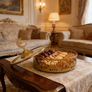 1pc Eid Decoration Tray, Decorative Tray, Golden Candy Storage Tray with Lid, For Ramadan Gifts, Creating a Halal Atmosphere, Suitable for Decoration And Storage in Festivals, Parties, Weddings