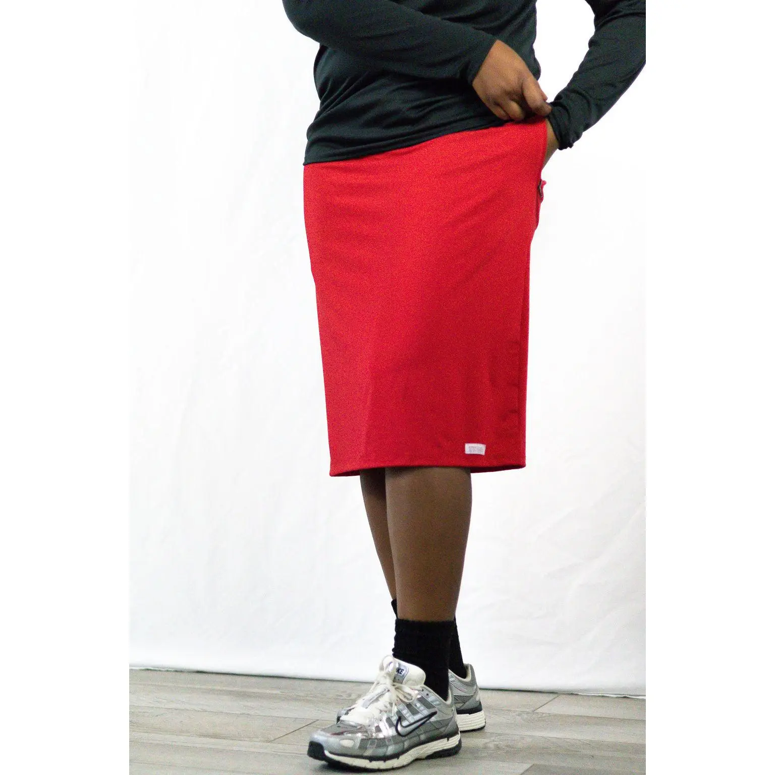Women's Casual Red Straight Skirt in Polyester Spandex with a Comfortable No-Twist Waistband, Drawstring, and Zipper Pockets, No Twist Waist Band, Bottom, Valentines Day, Straight Cut, 24” Long, Holiday Wear, Above Knee, Comfortable Fit, Christmas, Casual