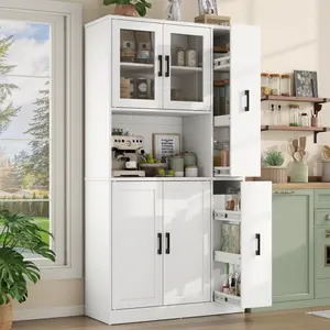68" Tall Kitchen Pantry Cabinet with Side Drawer, Kitchen Pantry Storage Cabinet with Glass Door
