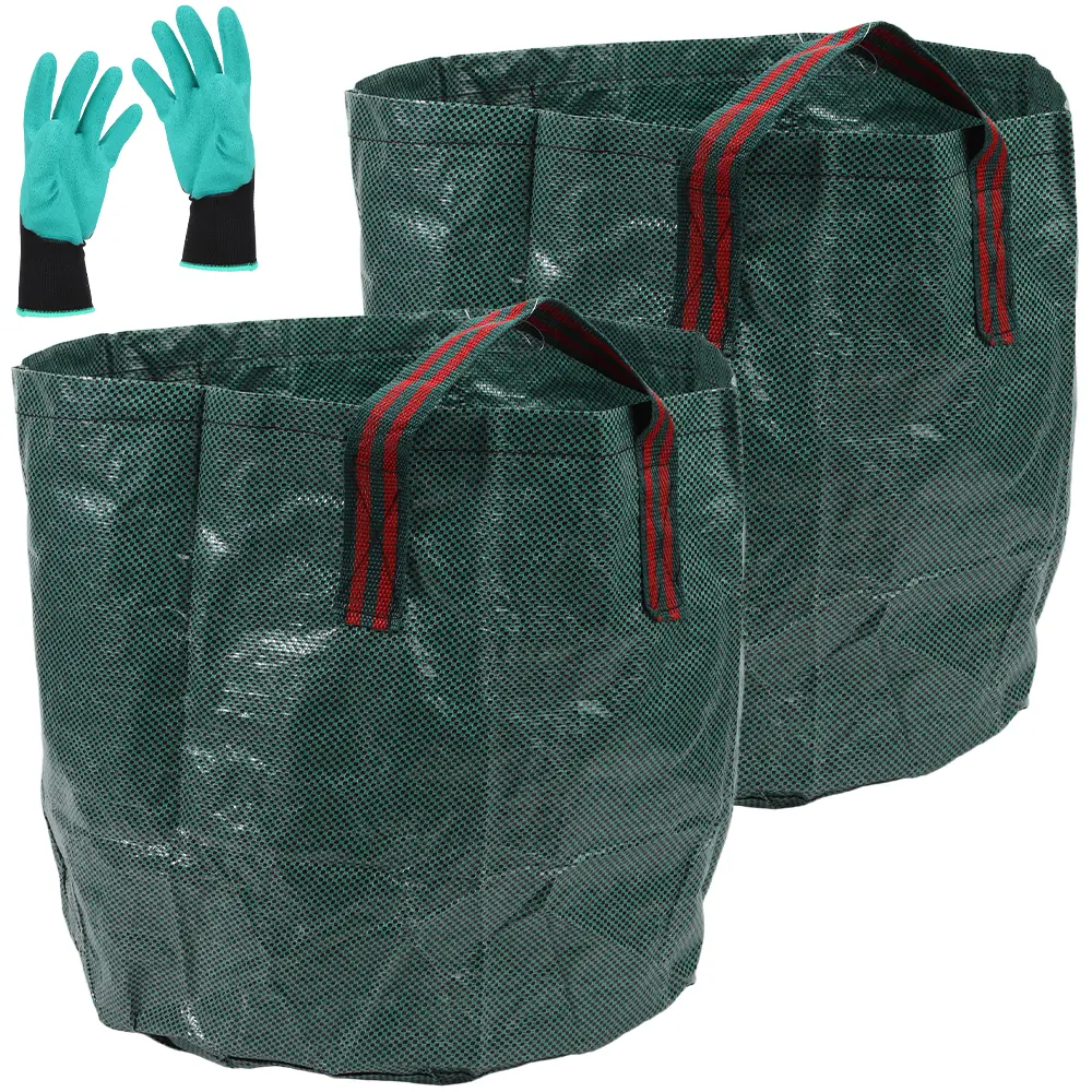 2pcs Capacity 16 Gallon Reusable Waterproof Garden Leaf Waste Bag Set with Work Gloves,  Weed Grass Debris Storage Sacks with Thick Carry Handles, Outdoor Yard Cleaning Bags for Lawn, Garden, Patio and Backyard Use