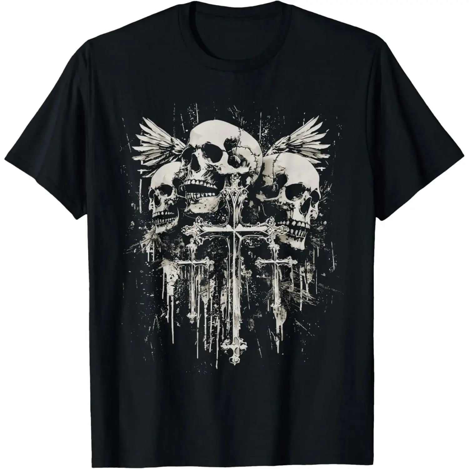 Skull Cross Y2K Goth Alternative Grunge Gothic Emo Style Cotton T-Shirt Featuring Religious Cross Print for Casual Wear