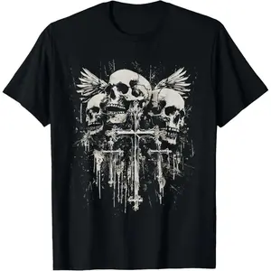 100 Percent Cotton Skull Cross Y2K Goth Alternative Grunge Gothic Emo Style Cotton T-Shirt Featuring Religious Cross Print for Casual Wear