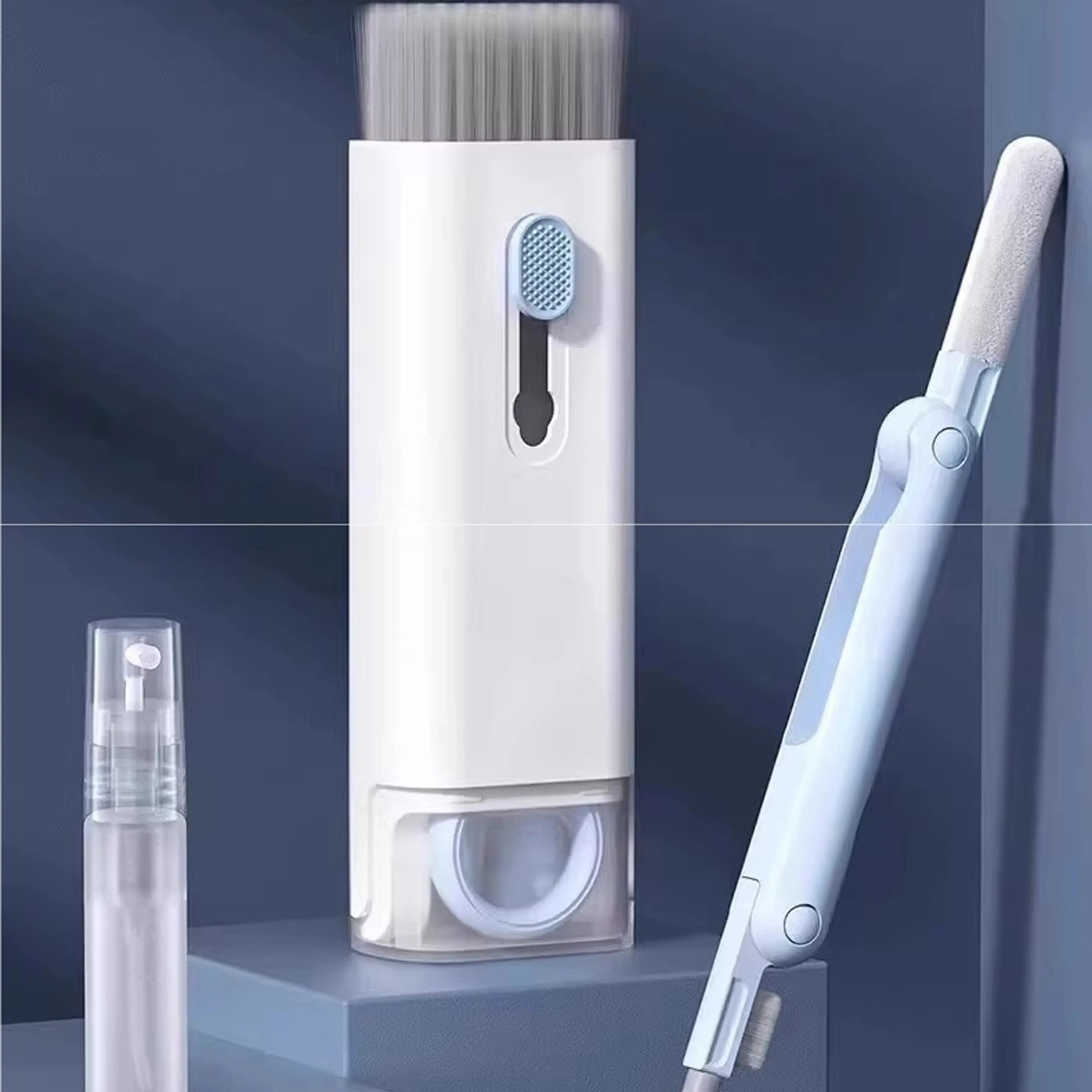 Multifunctional keyboard cleaning kit - includes a sturdy ABS scraper, soft silicone brush, absorbent sponge, and microfiber pad, capable of removing dust, oil stains, and residue from desks, peripherals, and optical devices; lightweight and easy to store