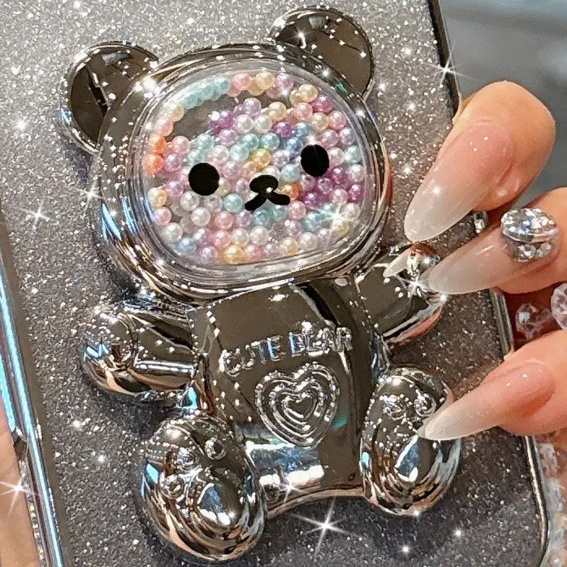 New Beaded Bear Phone Case Stand for iPhone Samsung Xiaomi, Hollow Out Lazy Man Stand, Desktop Holder, Cute and Functional Accessory