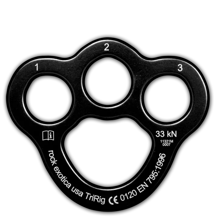 Rock Exotica TriRig Climbing Equipment - CE Certified, 1.8 oz, 2.8" Height, 3.3" Width, Numbered Holes, Lightweight, Compact, Functional, High Performance (Black)