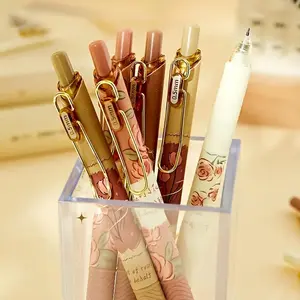 4pcs Retro Classic Style Rose Inks Press Type Gel Pens, Elegant Fast-Drying Signature Pens with Brush Tip for Writing & Drawing