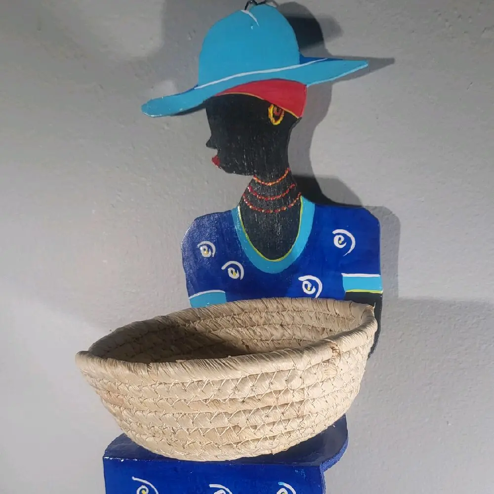 Handcrafted Folk Art Wall Basket Holder - Blue Hat Silhouette with Woven Straw Basket