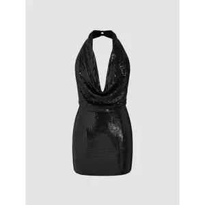 Cider Sequin Halter Cowl Neck Backless Mini Dress