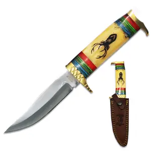 10.5" Bone Collector Hunting Knife, Bovine Bone Handle, Stainless Steel Full Tang Blade, Deer Print Design, Brass Accents, Leather Sheath for Outdoor Sports & Camping