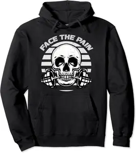 "FACE THE PAIN" Skull & Dumbbell Pullover Hoodie - Keylamartine Shop 78B0BRHCM348