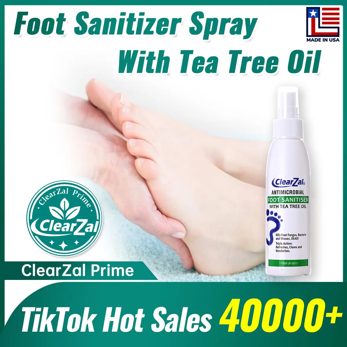 ClearZal Foot Sanitizer Spray with Tea Tree Oil, 4-Ounce Bottle ,Contains natural tea tree oil and aloe vera [combination]