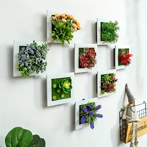 5/8/9pcs Artificial Plants Wall Decor, Garden Wall Mounted 5.9inch White Frame With Faux Lavender, Aloe Vera, Aglaia Odorata Lour, Etc, Greenery Wall Decor Set For Home Office, Shelf Decor,Wall Stickers,Artificial Flowers