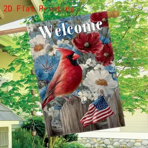 2D Flat Garden Flag Cardinal in Flowers with American Flag Welcome Art Party Outdoor Indoor Home Decoration, Suitable for home, garden, patio, porch ,Festival Party Decorations