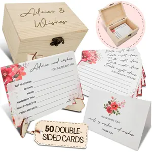 Advice and Wishes for The Mr and Mrs - 50 Double-Sided Wedding Advice Cards with Wooden Box & Easel, Bridal Shower Decorations,  for Bride and Groom, Reception Guest Book Alternative,  Wishes
