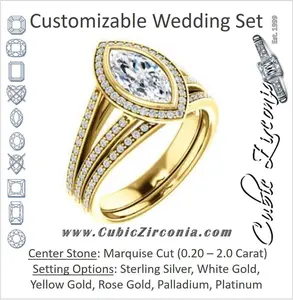 CZ Wedding Set, featuring The Kay Adaira engagement ring (Customizable Bezel-set Marquise Cut with Halo and Split-Pavé Band)