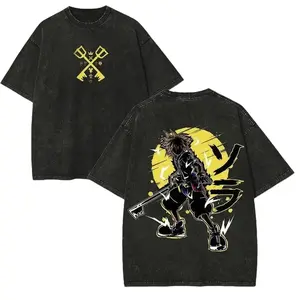 Kingdom Hearts Sora Classic Gaming Graphic T Shirt Acid Wash Oversized Vintage Retro Heavyweight Cotton Tee Y2K Pump Cover Gym Apparel Japanese RPG Gamer Streetwear Keyblade Loose Fit Summer Top For Men And Women Trendy Fits