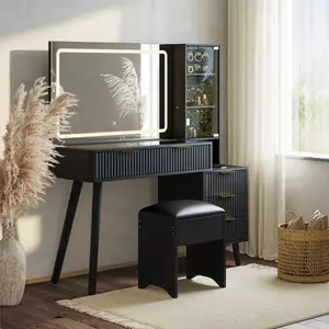 White/Black/Natural 48" Fluted Makeup Vanity Desk with Large Lighted Mirror Modern Vanity with Charging Station & Cushioned Storage Stool Dressing Table for Bedroom