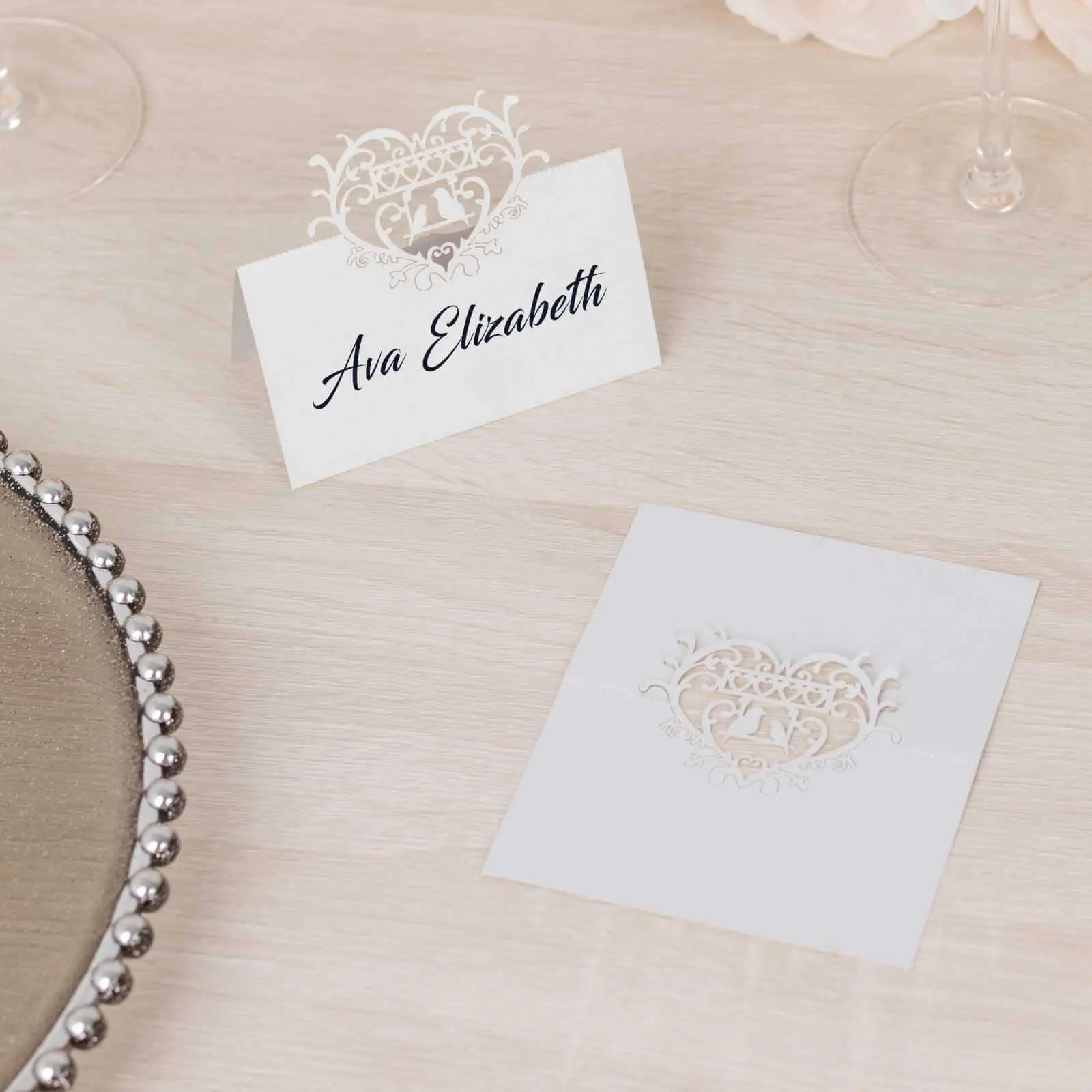 50-Pack White Wedding Place Cards - Laser Cut Hollow Heart Design, 210 GSM Printable Seating Tent Cards for Events, Engagement, Christmas Reservation Needs