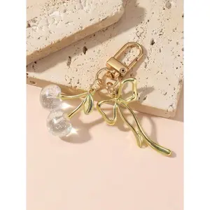 Women's Cute Cherry & Bow Design Keychain, Fashionable Minimalist Keychain for Car Keys for Women & Girls, Trendy All-match Keychain for Birthday Gift