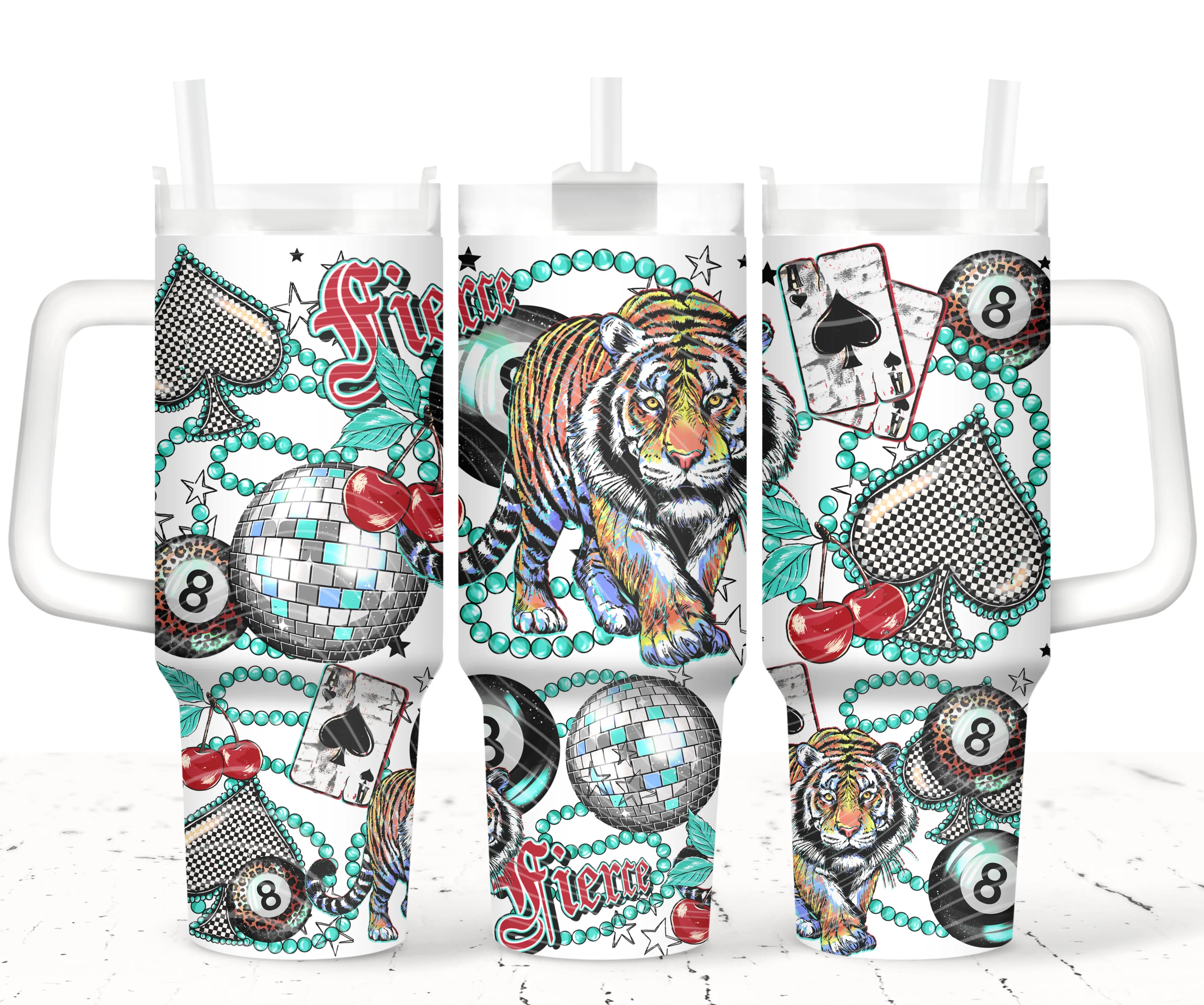 Fierce Tiger Glam Stylish Portable Western Tumbler - 20oz/30oz/40oz Turquoise Double-Walled Stainless Steel Drinkware, Plastic Lid, Includes Straw, Bisphenol A (BPA) Free Water Bottle