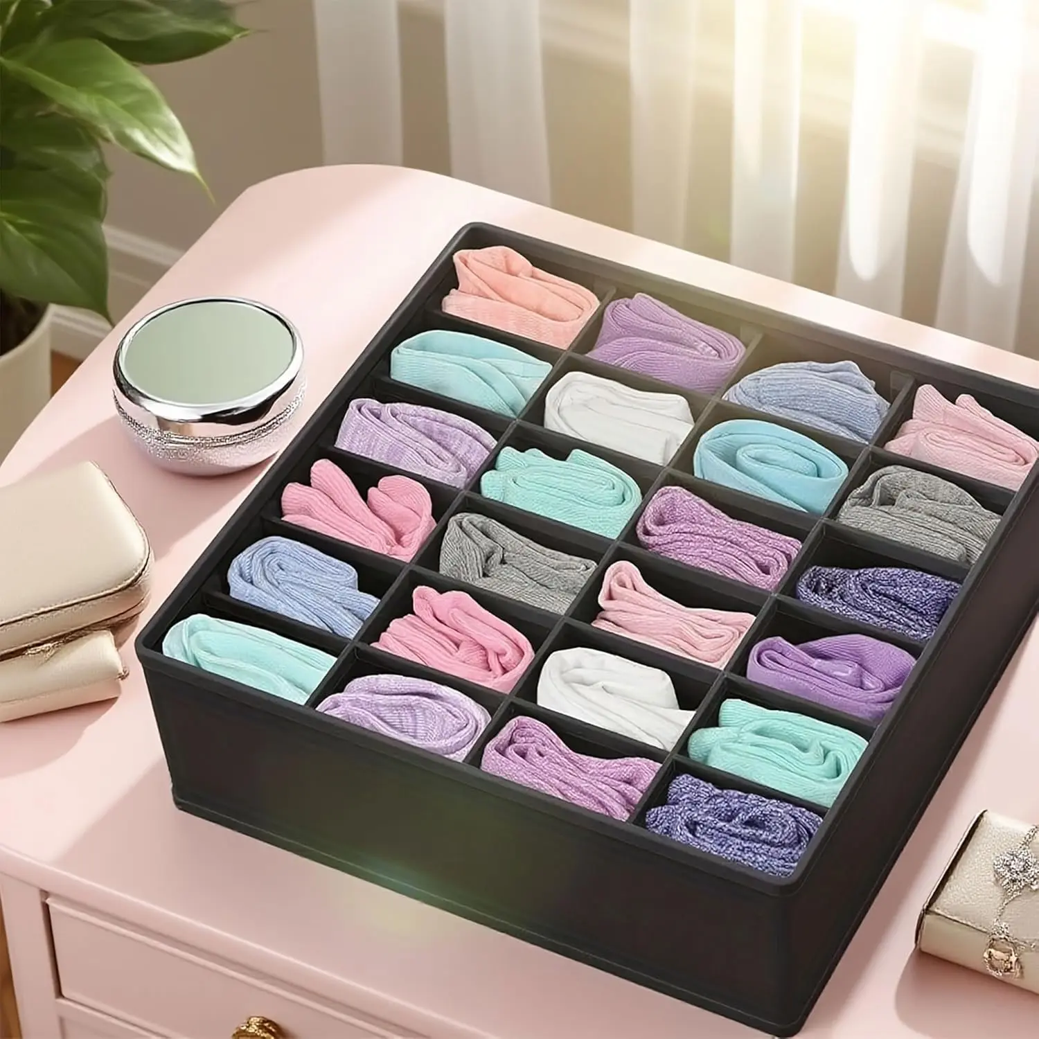 24 Grid Storage Organizer, Fabric Drawer Box for Underwear Socks Accessories, Space Saving Closet Dorm Essential, Foldable, 2PCS