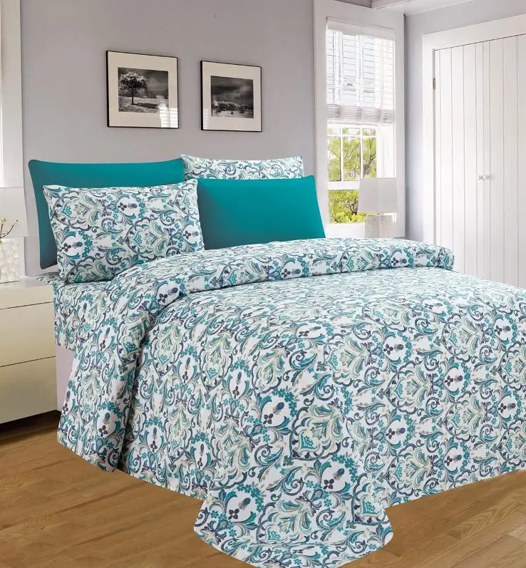 3Pc Full Size Comforter Sets with Turquoise Pillows and Blue Patterned Design