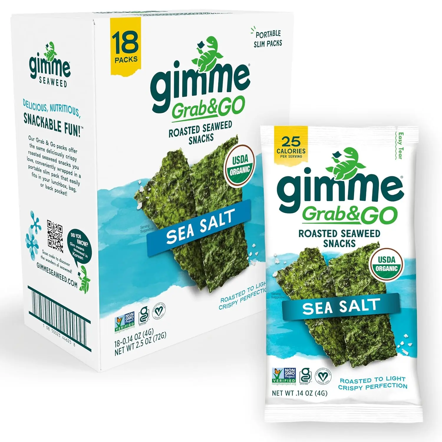 Gimme Organic Premium Roasted Seaweed Snacks, Sea Salt, 18 Count, Grab & Go, Keto Friendly, Vegan, Gluten Free, Crispy Seaweed Snack for Kids & Adults