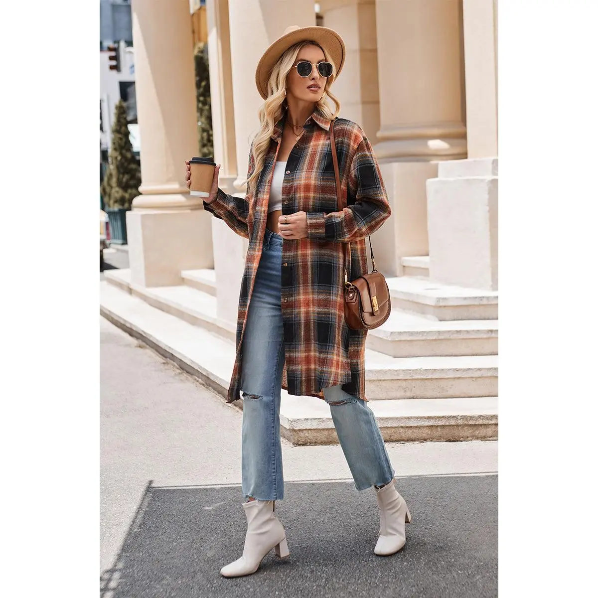 Plaid Collared Neck Long Sleeve Coat